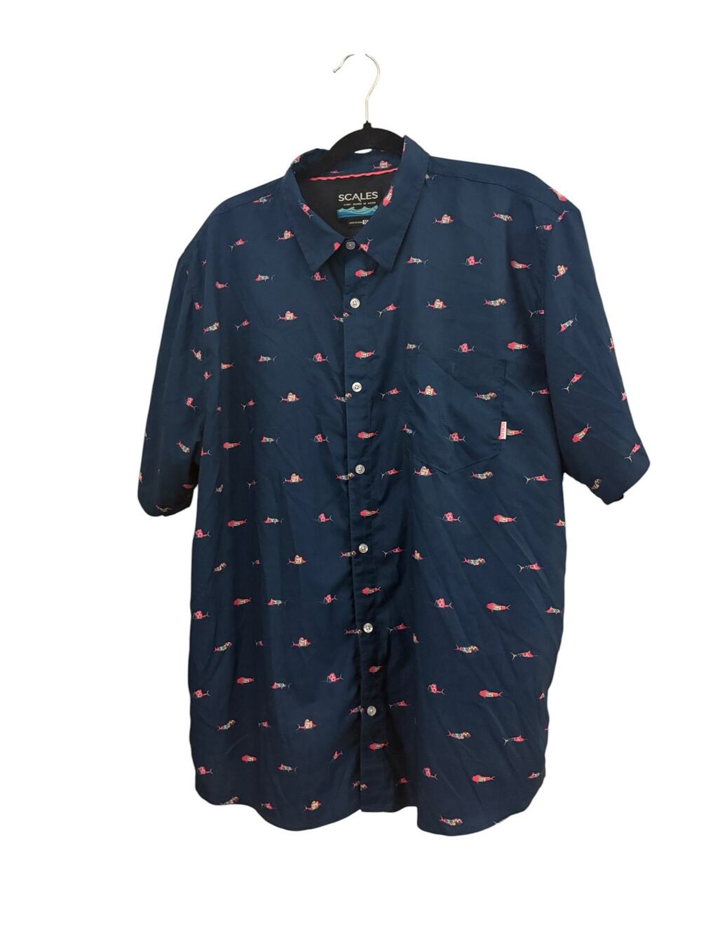 Scales Trippy Fish Men’s Button Up Shirt XL Sporty Vented Nautical Beachy